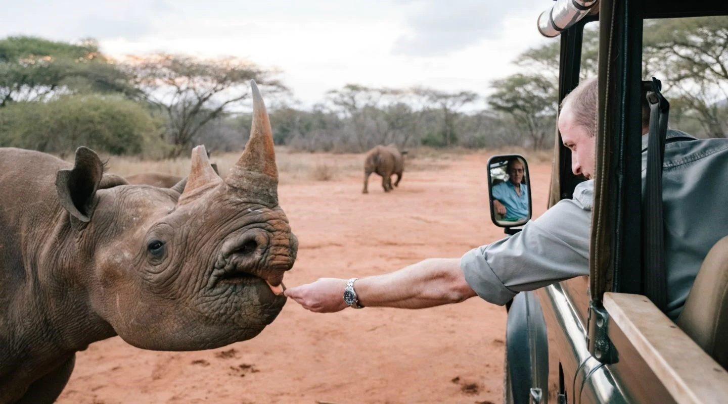 Feeding a rhino on a game drive in Mkomazi National Park
