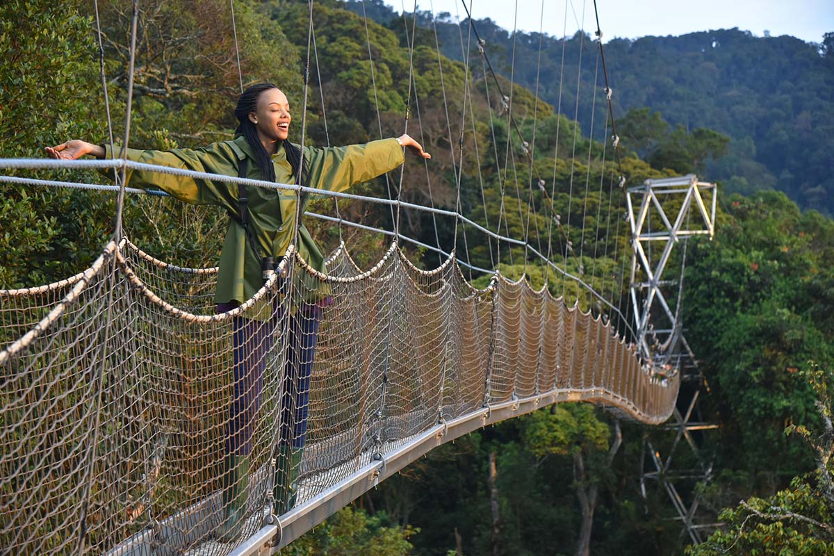 Travelers enjoying the Nyungwe Forest Canopy Walk Rwanda surrounded by rainforest scenery and adventure.
