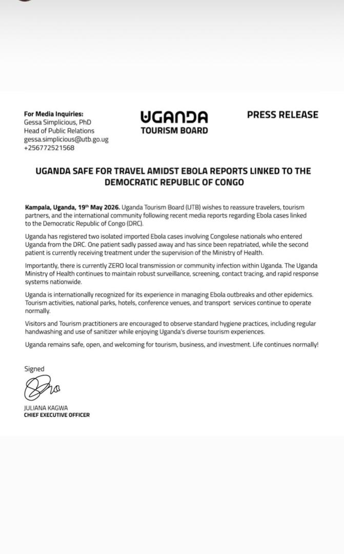 The Uganda Tourism Board officially reassured international travelers, tourism investors, safari operators, and global tourism partners that Uganda remains safe for tourism despite recent Ebola reports connected to the Democratic Republic of Congo. As more travelers continue searching online asking, “Is Uganda Safe for Travel Amidst Ebola Reports Linked to DRC,” the Uganda Tourism Board continues emphasizing that Uganda currently has no active local Ebola outbreak affecting tourism destinations, national parks, safari experiences, or visitor activities within the country.
