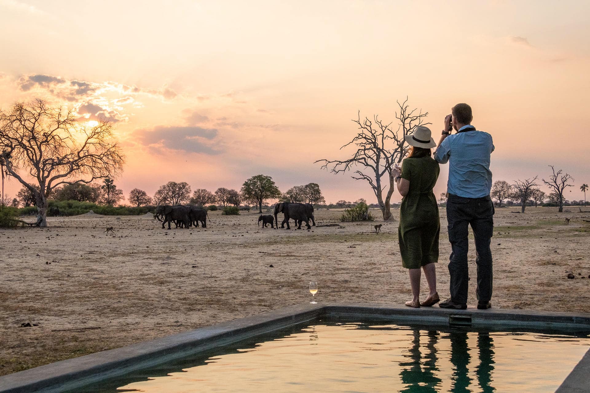 Couple watching elephants during a romantic African wildlife safari experience with Boots in the Jungle Safaris.