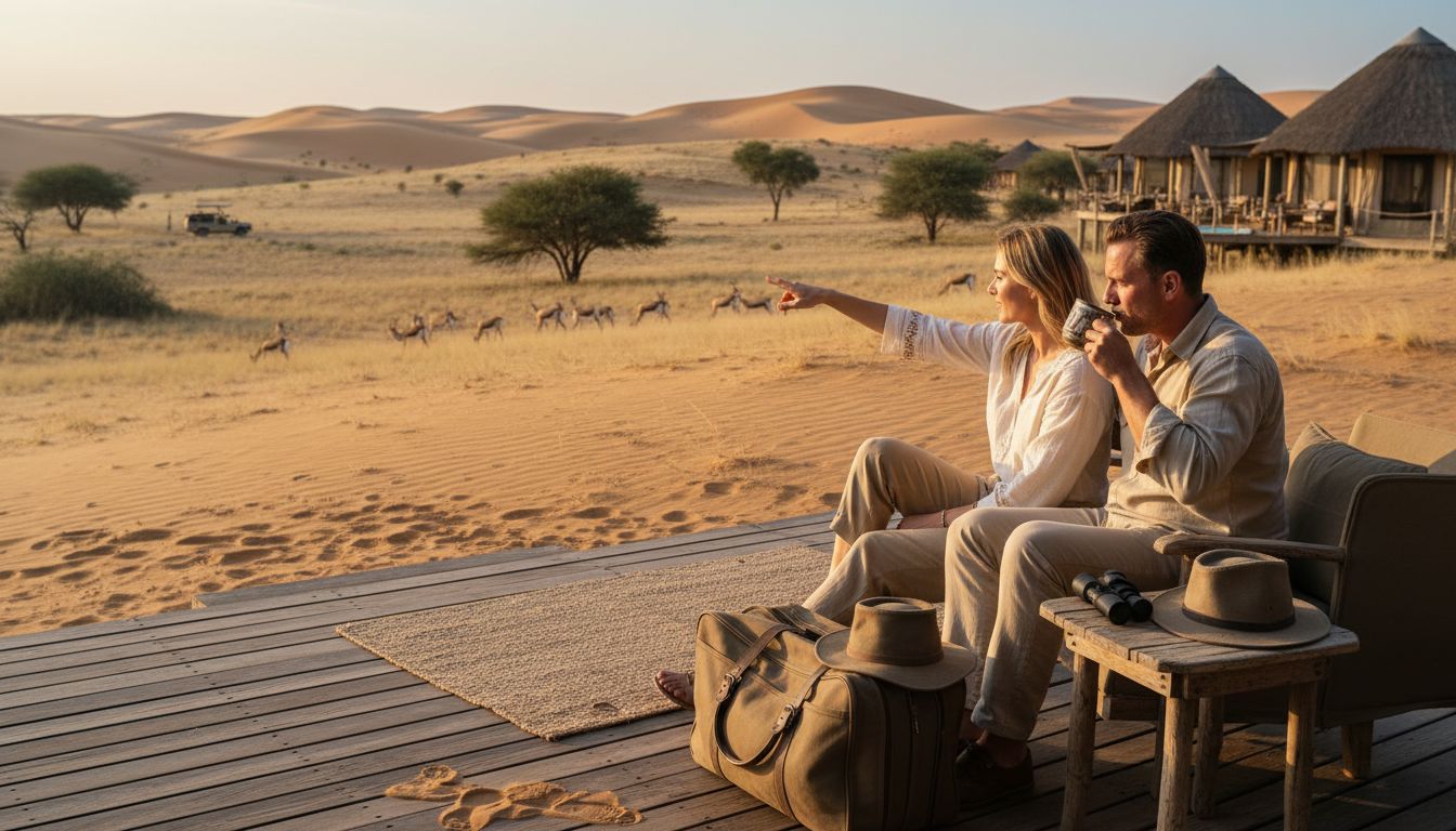 Couple watching animals during Namibia desert honeymoon safari