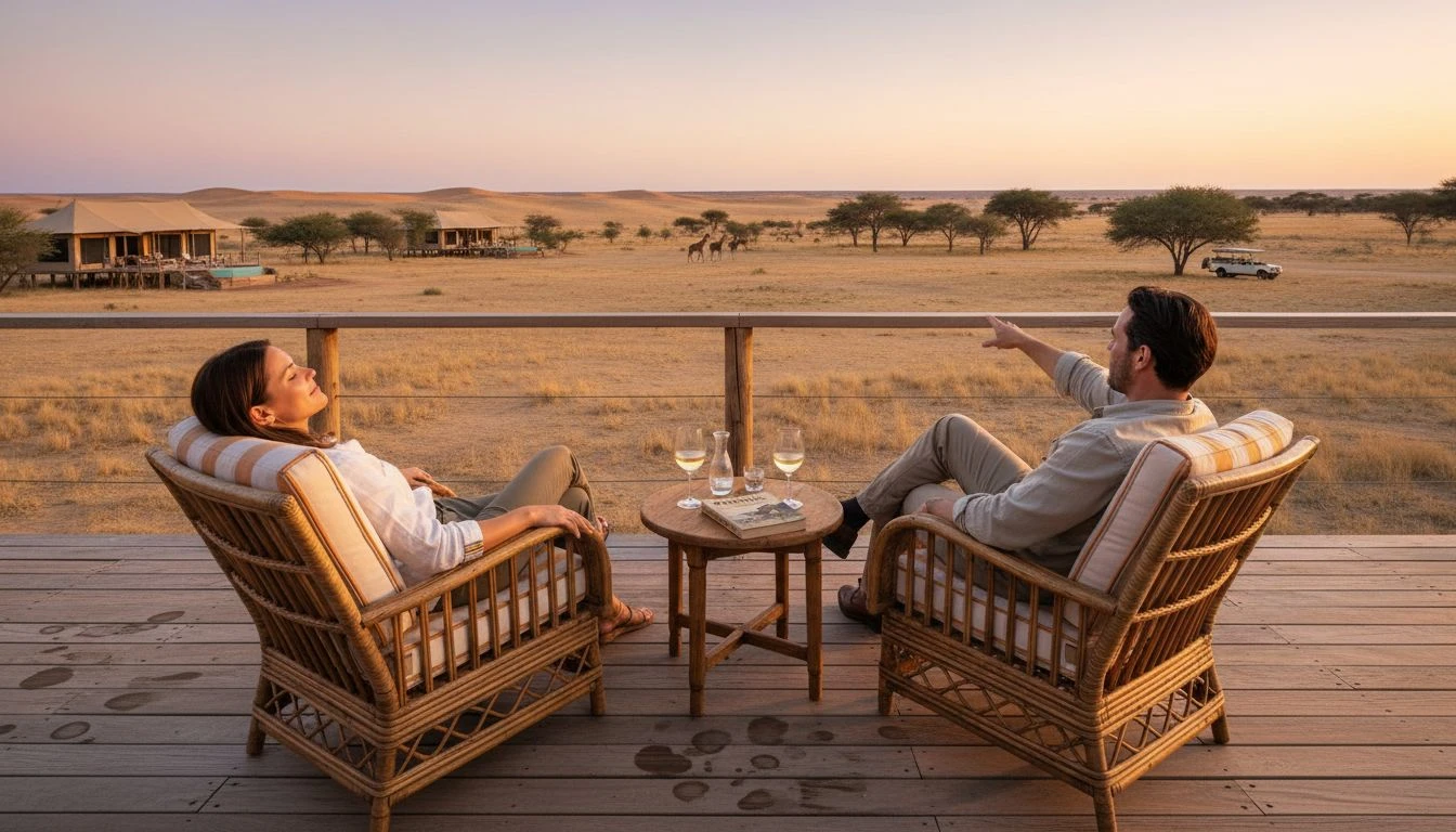 Lovely couple on Namibia desert safari honeymoon