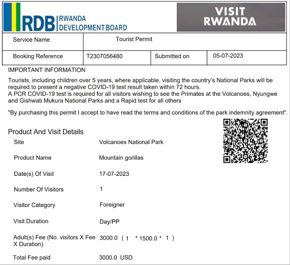 Official Rwanda gorilla trekking permit for visiting mountain gorillas in Volcanoes National Park with Boots in the Jungle Safaris.