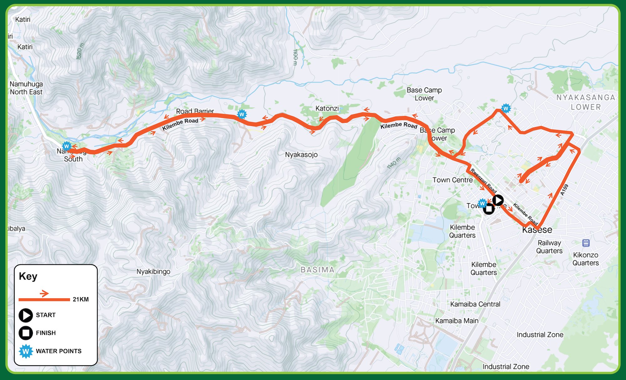 The Rwenzori Marathon Route has been carefully designed to showcase the very best of Kasese and its surrounding landscapes while providing a safe, enjoyable, and professionally organized running experience. Covering well-maintained paved roads, the course guides participants through a combination of urban streets, quiet rural roads, agricultural landscapes, and scenic mountain views that constantly remind runners they are competing in one of Uganda's most beautiful regions.
