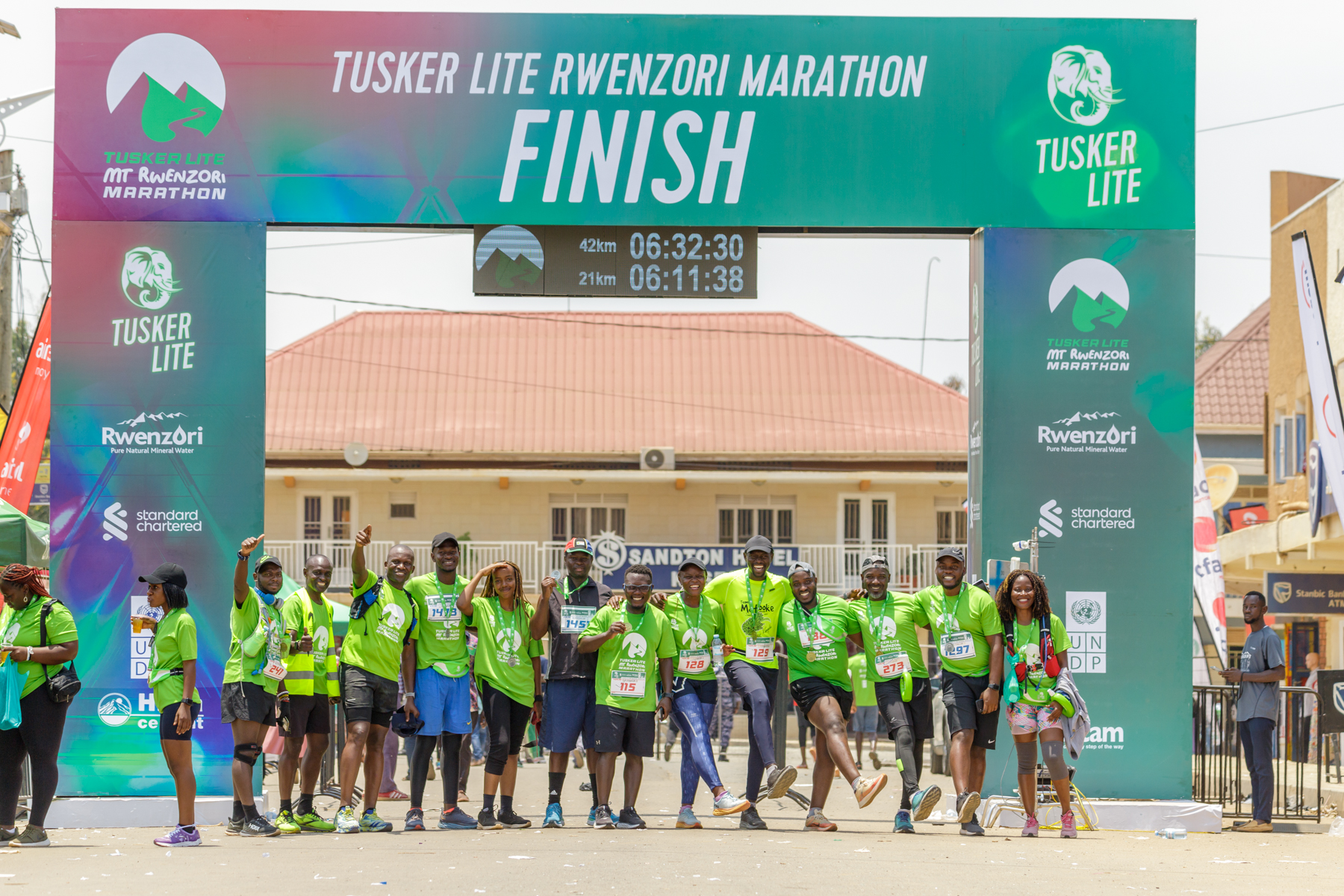 Rwenzori Marathon finish line celebration with Tusker Lite
